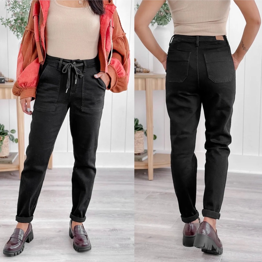 Judy Blue Womens Jogger Pants 18W Black Denim Jeans Drawstring High Waisted‎